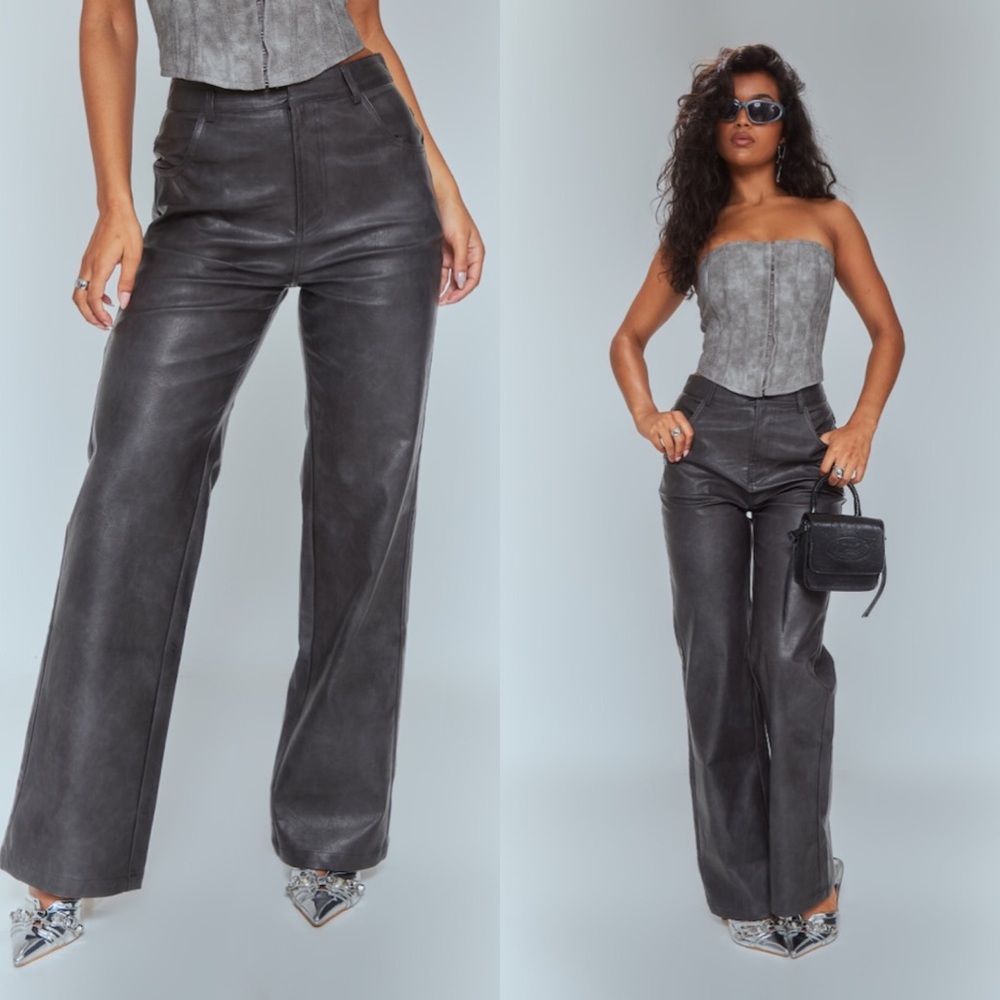 Pretty Little Thing Washed Black Faux Leather Straight Leg Trousers US 10 New - Picture 11 of 11